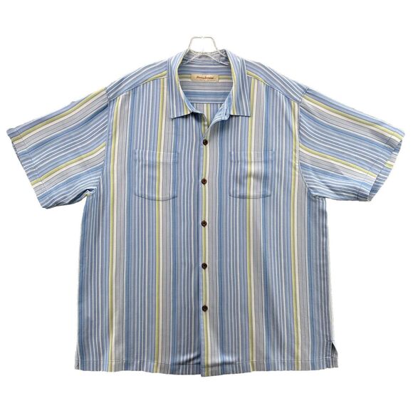 Tommy Bahama XL Blue Stripped 100% Silk Hawaiian Short Sleeve Button Down Men's - Picture 1 of 10